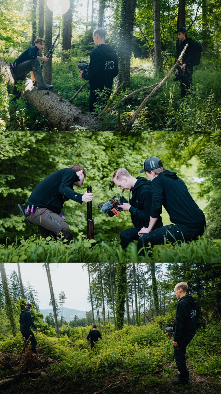 Kolme kulissien takaa -kuvaa Fraymfulin porukasta Pineshot-kuvauksissa Balingenin metsässä